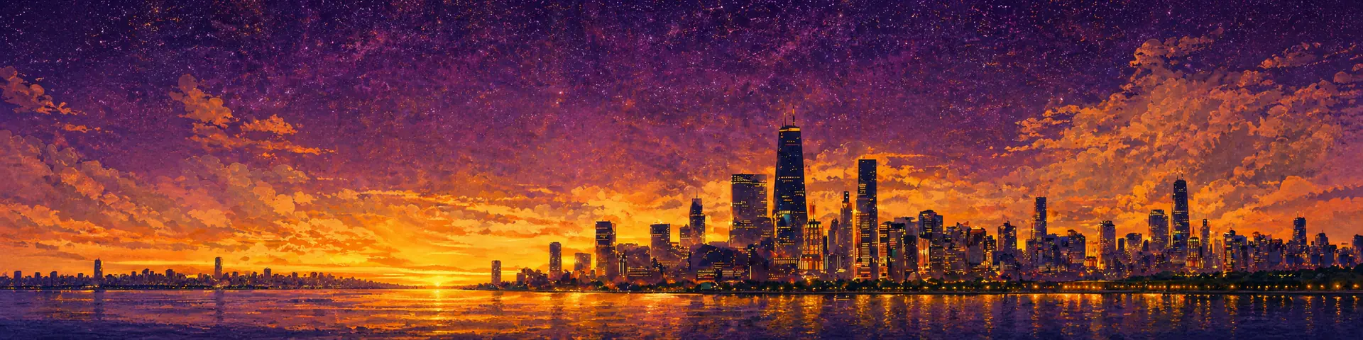 Chicago skyline at sunset over Lake Michigan