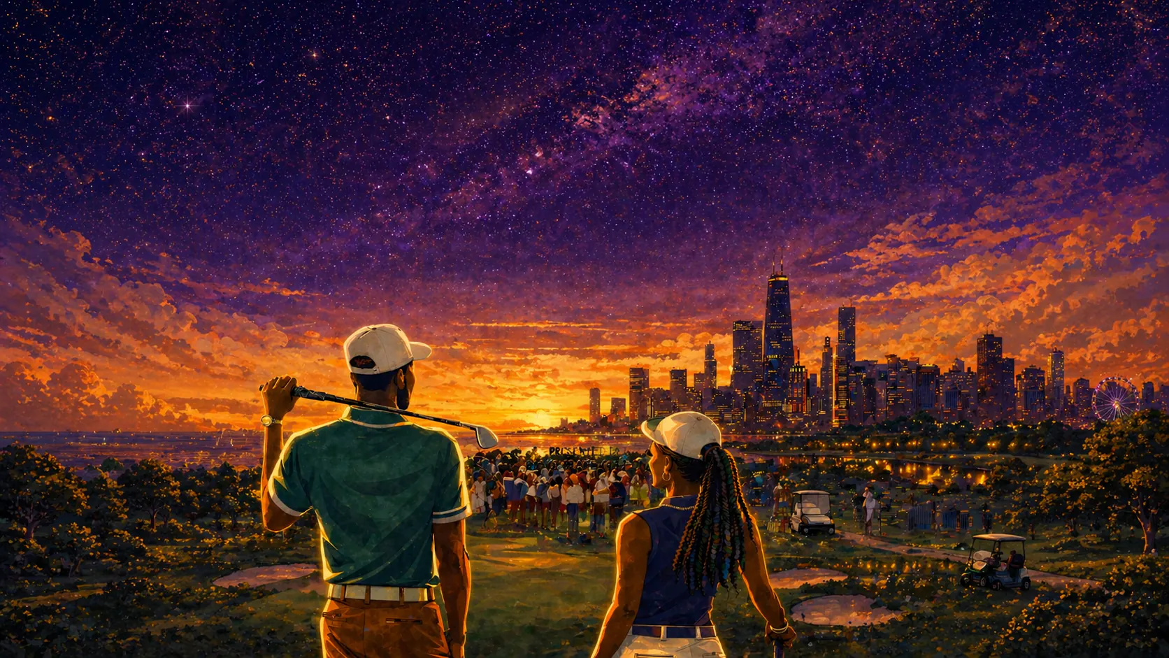 Two golfers facing the Chicago skyline at sunset, the city horizon glowing under a starry violet sky.